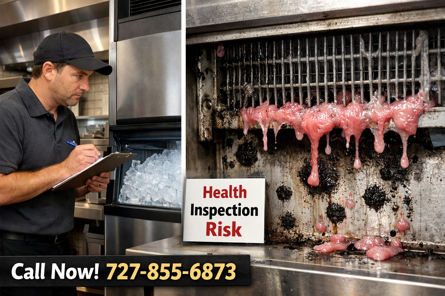 Dirty commercial ice machine presenting health inspection risks